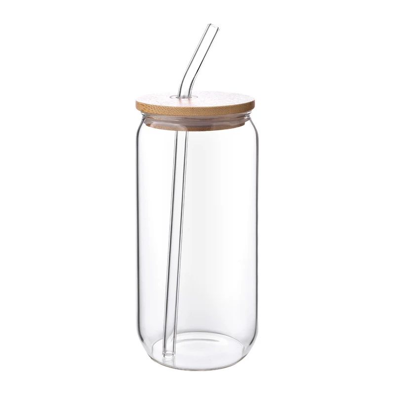 16oz Borosilicate Glass Can Cup with Bamboo Lid & Straw – Frosted & Clear Iced Coffee Glass (500ml)