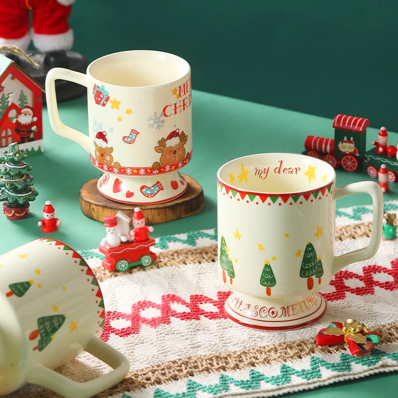 Cute Ceramic Stem Mug – 300–400ml Christmas Gift Cup for Couples & Holiday Gifts