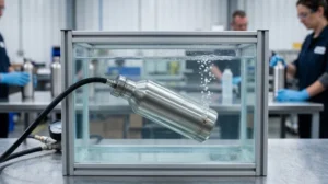 Stainless steel water bottle production line with leak testing and quality inspection at Mofecup partner factory
