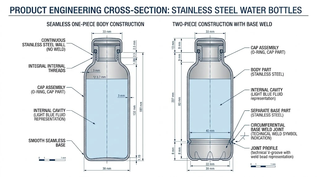 Cross-section comparison of one-piece seamless and two-piece welded stainless steel bottle construction