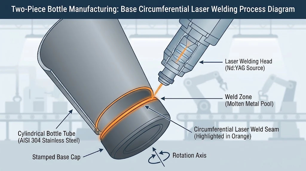Circumferential base weld joining bottle body tube and stamped base cap in two-piece construction