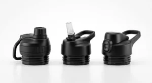 Three water bottle lid types compared: chug lid, straw lid and flip lid with different drinking mechanisms