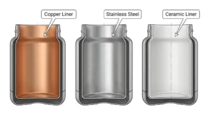 Water bottle inner surface comparison: copper liner, stainless steel liner and ceramic liner cross-sections