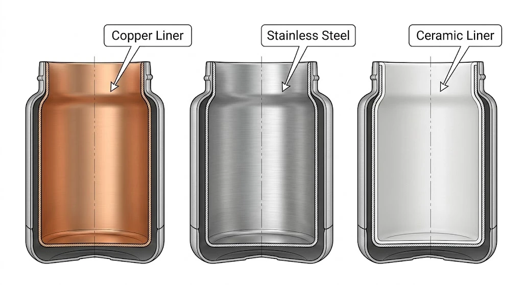 Water bottle inner surface comparison: copper liner, stainless steel liner and ceramic liner cross-sections