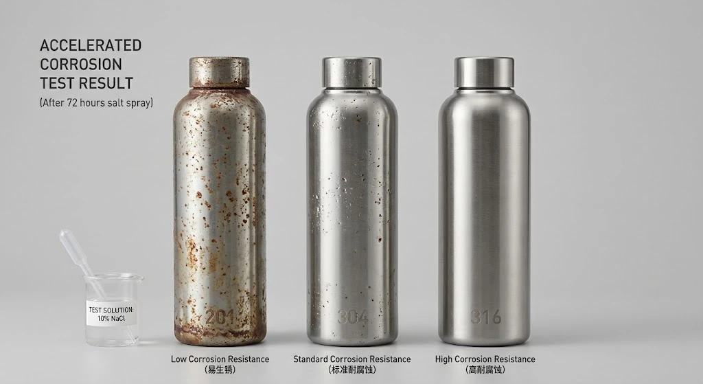 Salt-spray corrosion test results: 201 stainless steel pitting vs 304 and 316 corrosion resistance