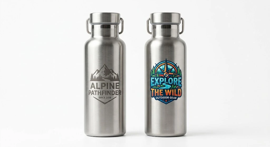 Laser engraved logo vs screen printed logo on stainless steel water bottles compared