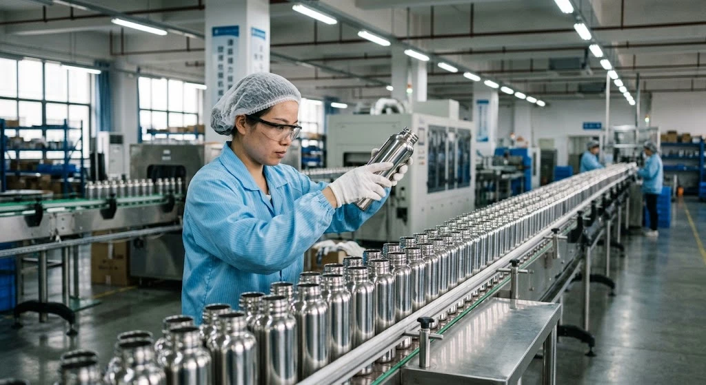 Stainless steel water bottle production line with quality inspection at Mofecup partner factory