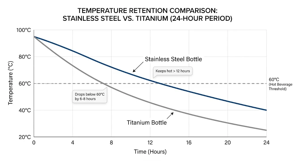 Insulation retention comparison chart: stainless steel keeps heat 12-24 hours vs titanium 4-8 hours