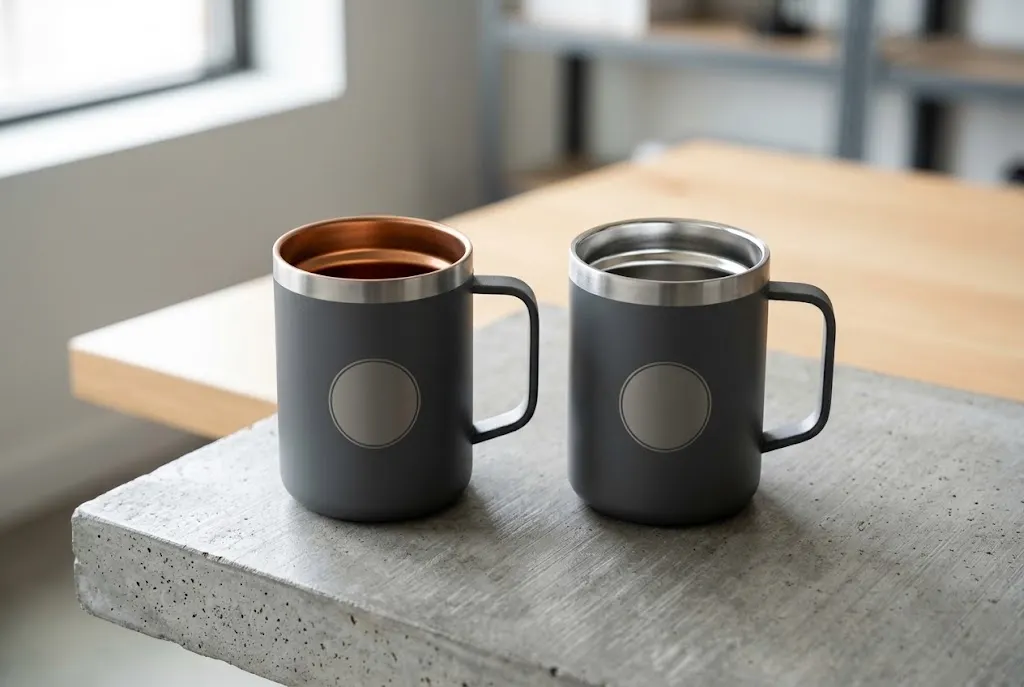 Two custom stainless steel mugs side by side, 304 and 316 grade, with their alloy composition and cost difference shown for B2B buyers