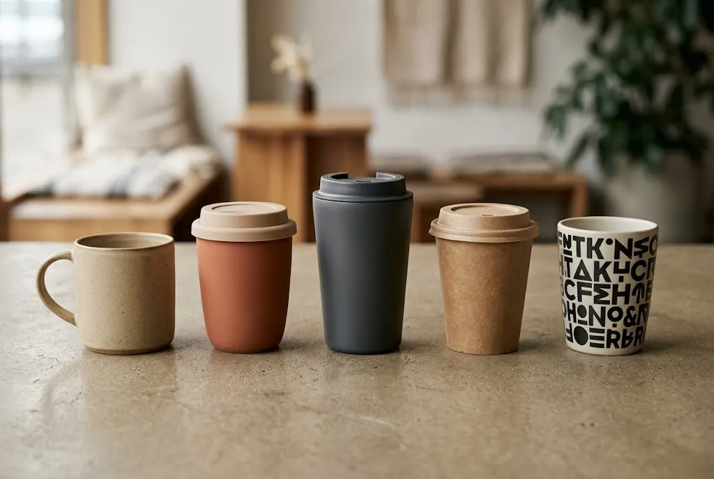 Five 2026 coffee cup design directions shown side by side: recyclable fibre, matte ceramic, bold typography, illustrated and limited-edition cups