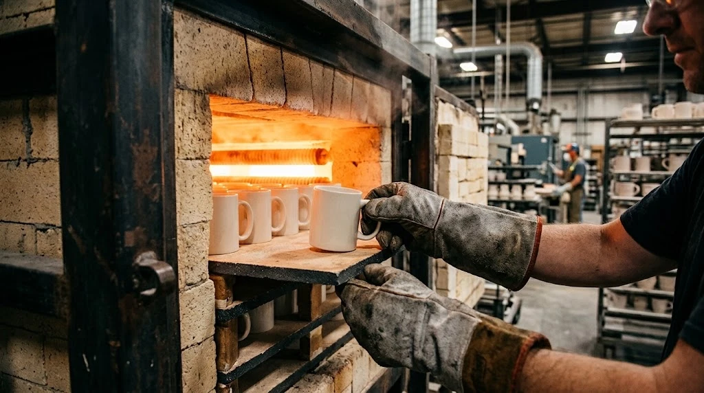 Ceramic mug with fired decal logo passing through kiln firing at Mofe partner factory