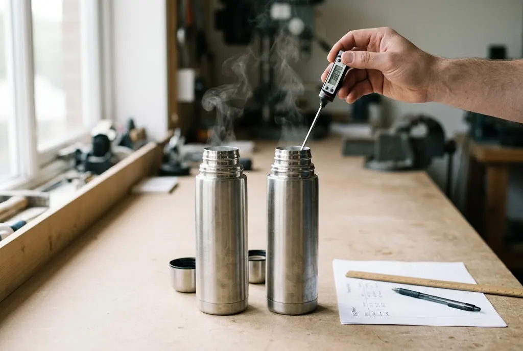 Boiling water test in progress: two vacuum thermos bottles filled at 95°C with a probe thermometer recording temperature at 2, 6 and 12 hour intervals