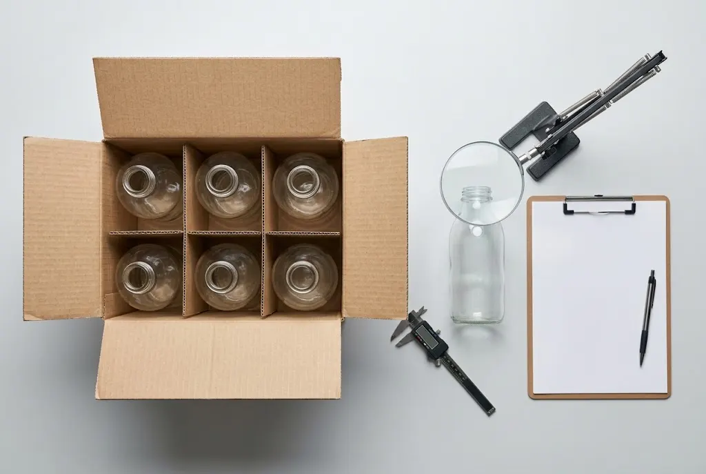 Six-bottle cold brew multi-pack in a divided carton next to a returned glass bottle being inspected on a quality control bench