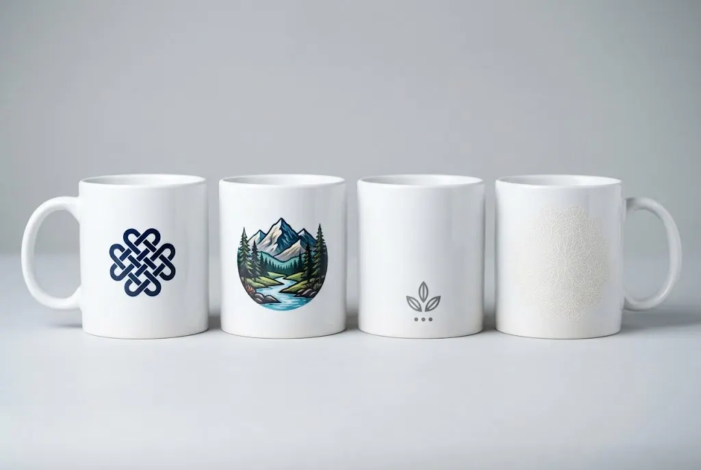 Decoration methods compared on ceramic coffee cups: fired screen printing, full-colour high-temperature decal, pad printing and laser engraving