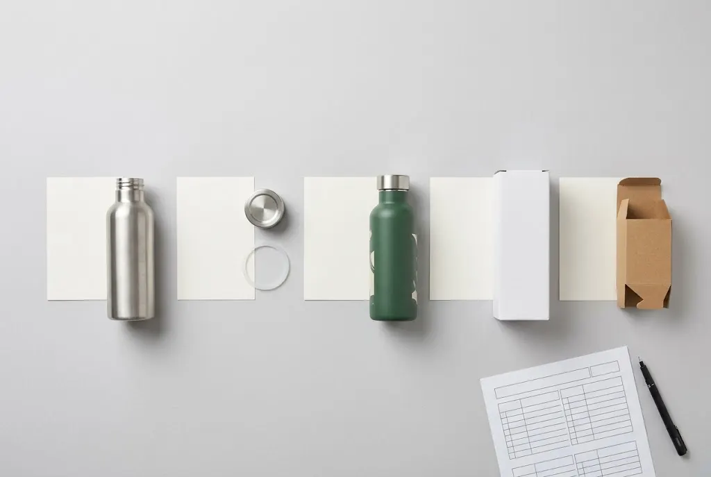 Decision lock timeline for a first custom water bottle project, showing when material, decoration, sampling, quantity and packaging decisions become fixed