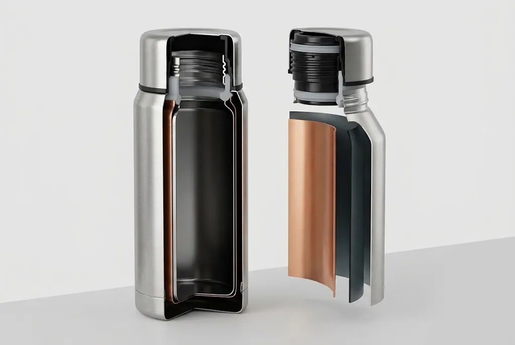 Cutaway cross-section of a double-wall vacuum insulated thermos bottle showing the vacuum gap, copper-plated layer and stainless steel walls