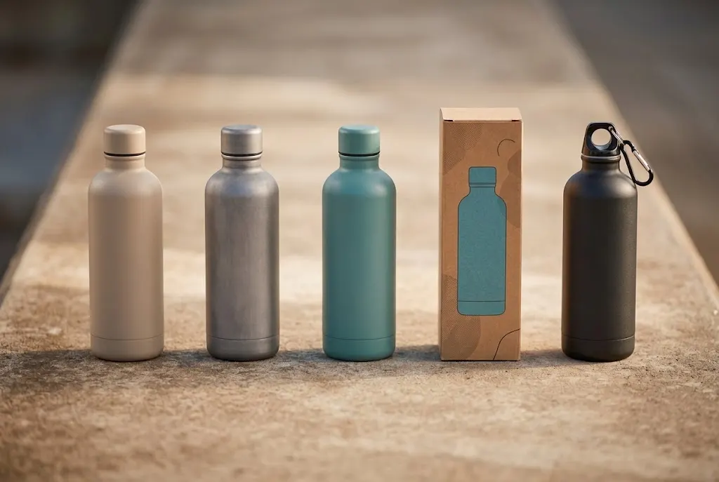 Five decision points laid out for a first custom water bottle project, from material and capacity through decoration, sampling, packaging and launch