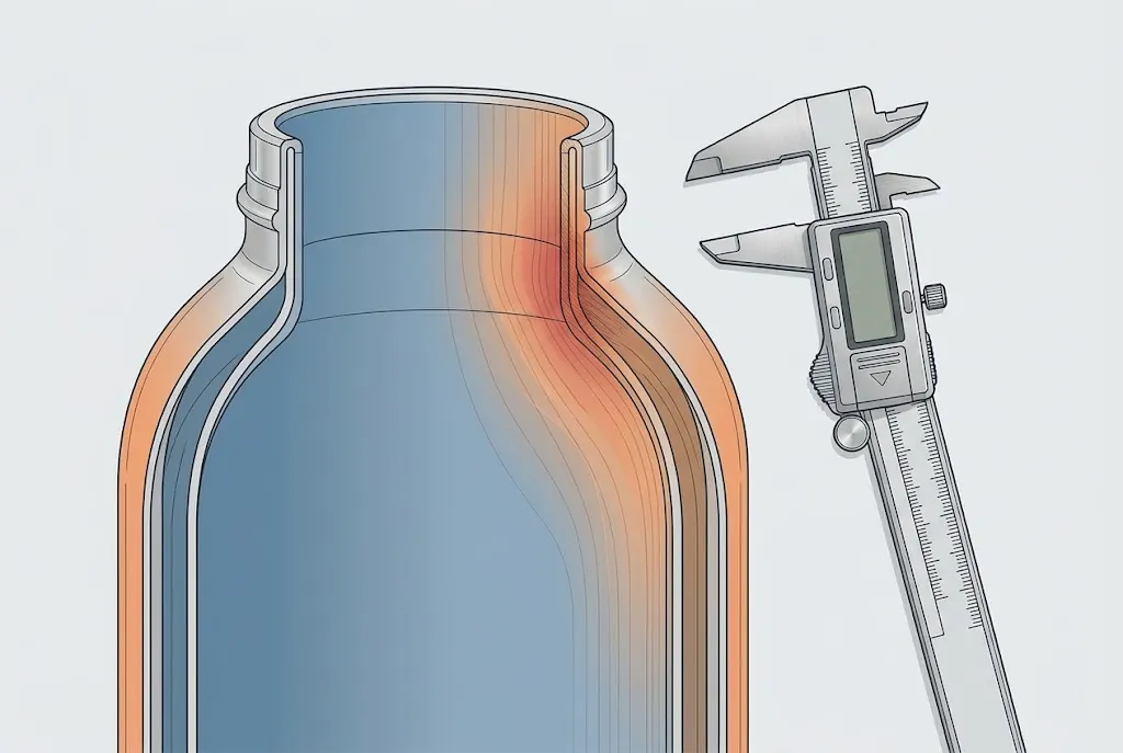 Technical cross-section of an insulated stainless steel bottle neck showing the vacuum jacket, the inner and outer wall junction at the mouth and the heat path between them, with a digital caliper alongside