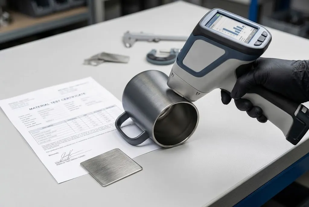XRF composition reading and material test certificate used to verify 316 stainless steel against a mislabeled 304 batch of custom mugs
