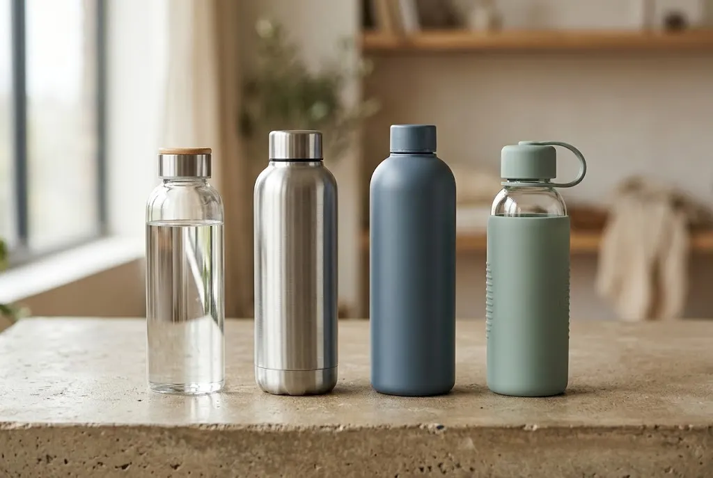 Four custom water bottle materials side by side — borosilicate glass, stainless steel, BPA-free plastic and silicone-sleeved glass — showing the safety boundary of each